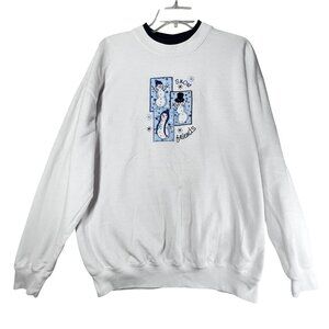 Vtg MC Sportswear Snow Friends Embroidered Sweatshirt L White Blue Grannycore